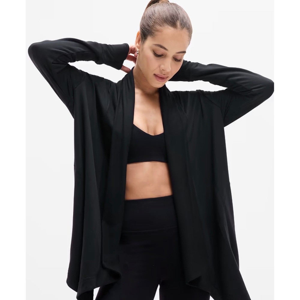 Athleta Pranayama Wrap Black Open Front Cardigan Shawl Collar Thumbholes Size M